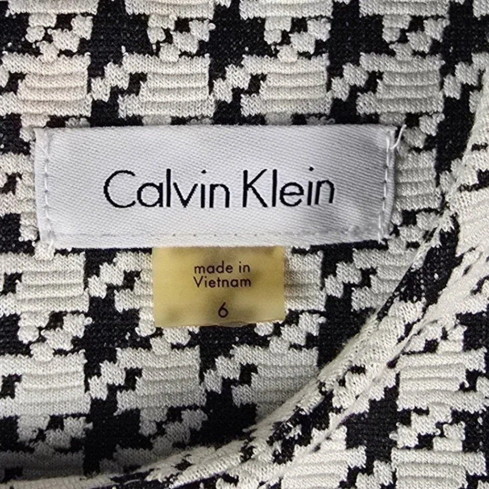 Calvin Klein Houndstooth Sheath Dress Women 6 Black White Short Sleeve Workwear